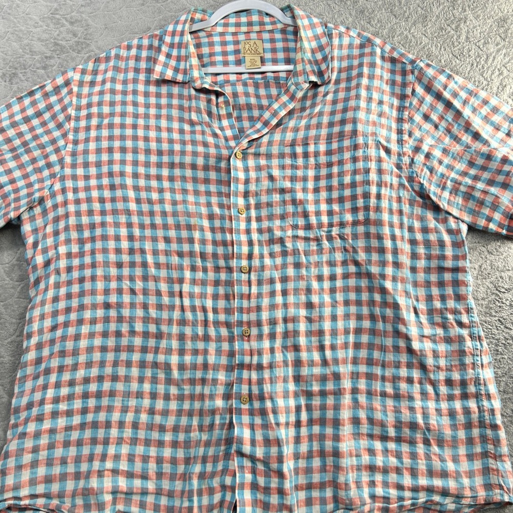 Jos. A. Bank Mens XXL Shirt 100%‎ Linen Short Sleeve Gingham Blue Pink Plaid